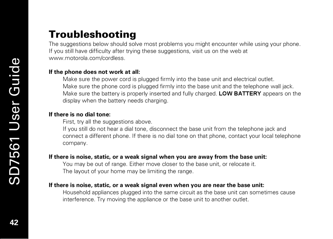 Motorola SD7561 manual Troubleshooting, If the phone does not work at all 