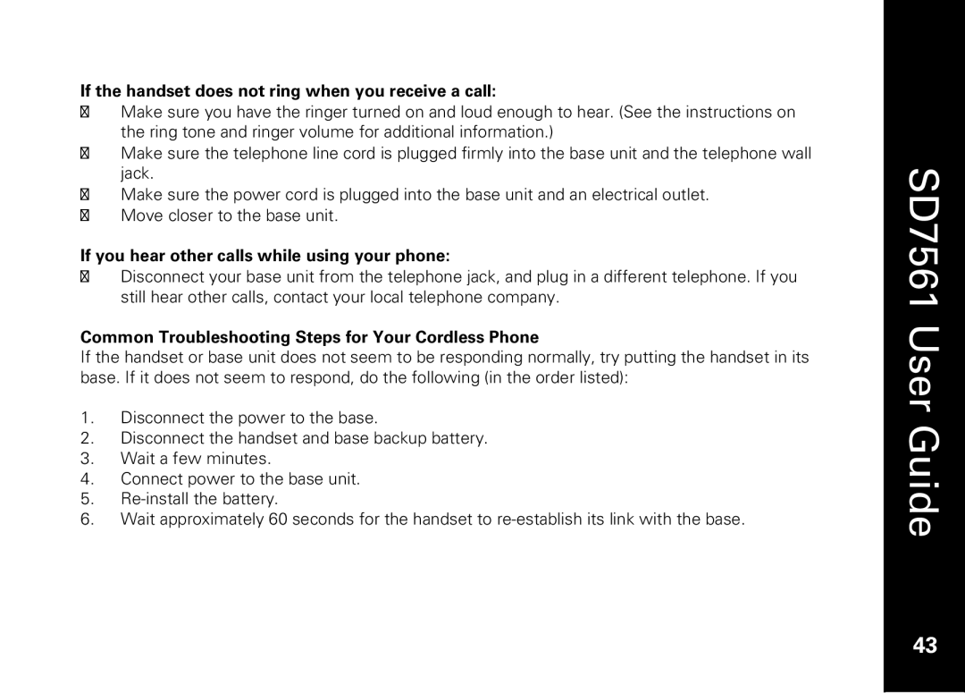 Motorola SD7561 manual If the handset does not ring when you receive a call 