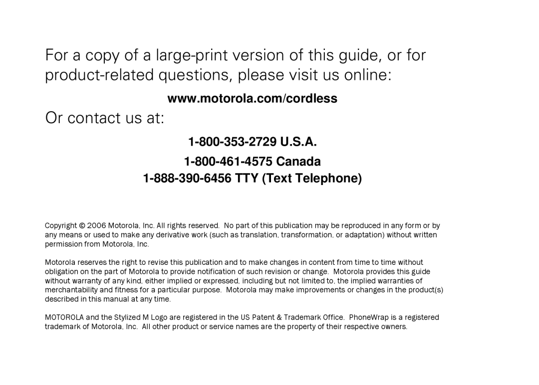 Motorola SD7581 manual Canada TTY Text Telephone 