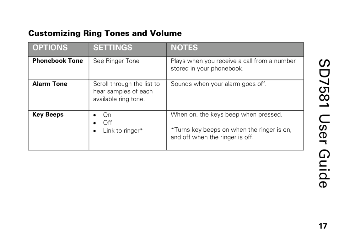 Motorola SD7581 manual Customizing Ring Tones and Volume, Phonebook Tone, Alarm Tone, Key Beeps 