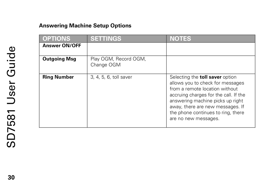 Motorola SD7581 manual Answer ON/OFF Outgoing Msg, Ring Number 