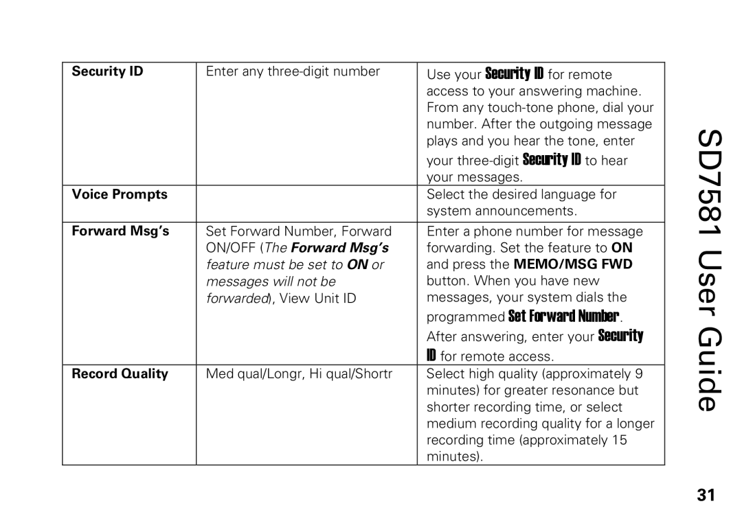 Motorola SD7581 manual Security ID, Voice Prompts, Forward Msg’s, Record Quality 