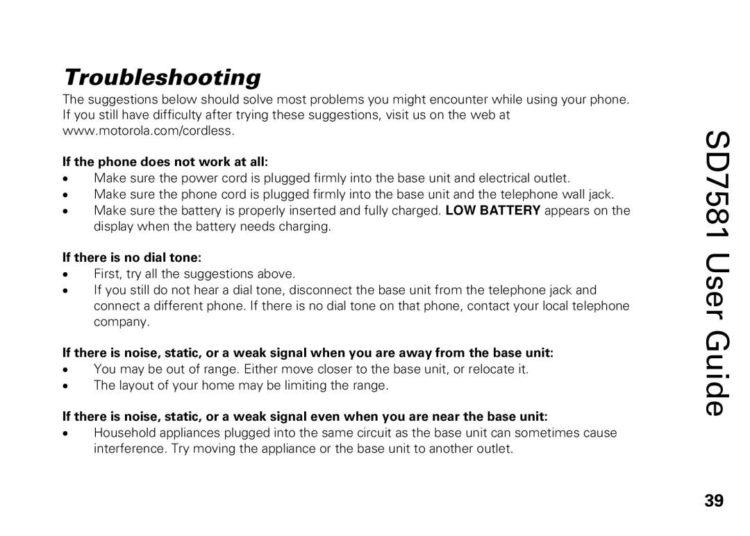 Motorola SD7581 manual Troubleshooting, If the phone does not work at all 