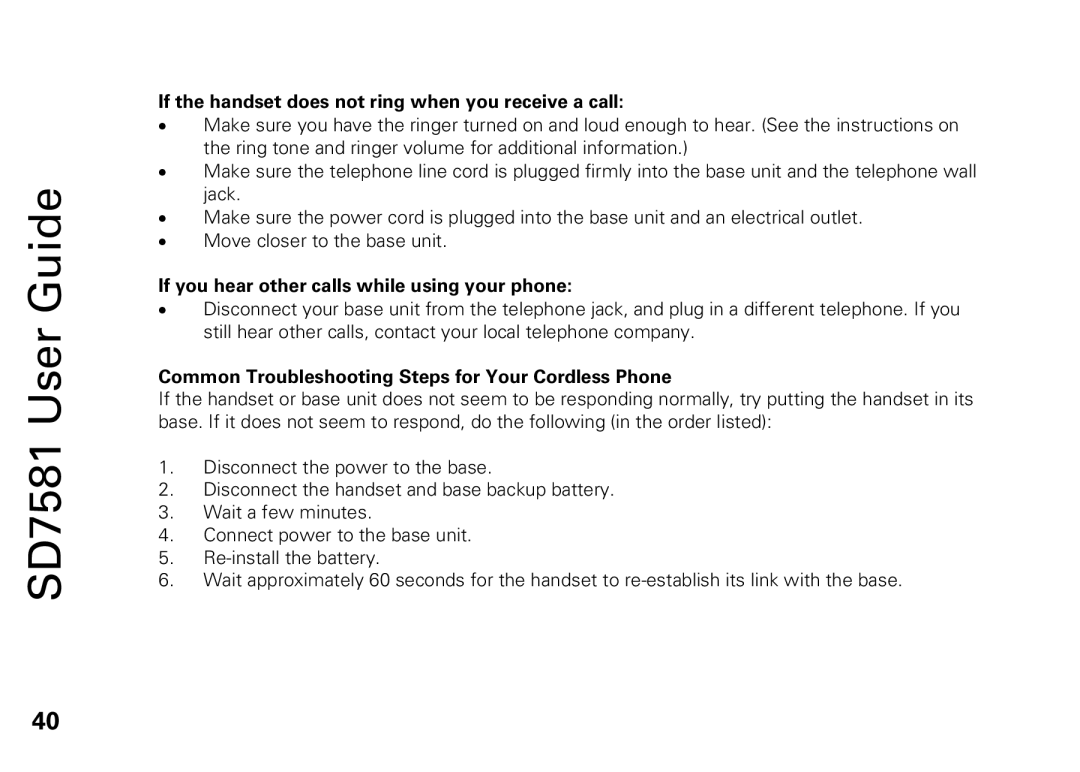 Motorola SD7581 manual If the handset does not ring when you receive a call 