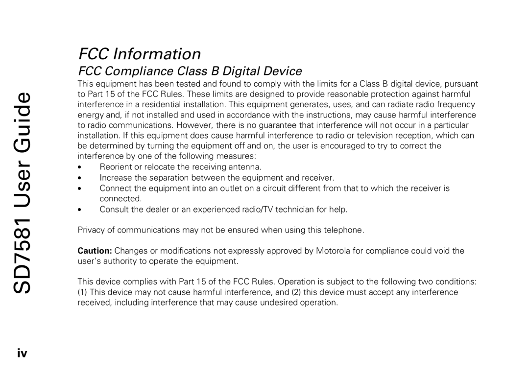 Motorola SD7581 manual FCC Information 