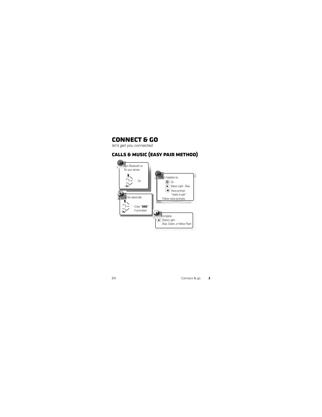 Motorola SF700 manual Connect & go, Calls & Music Easy Pair method 