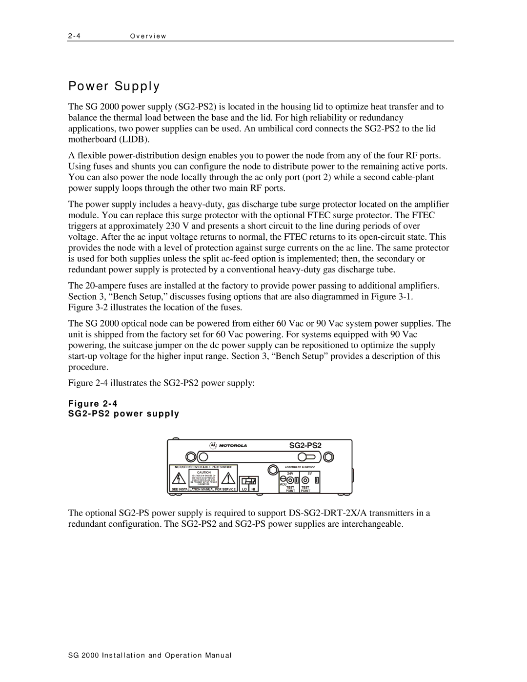 Motorola SG 2000 operation manual Power Supply, SG2-PS2 power supply 