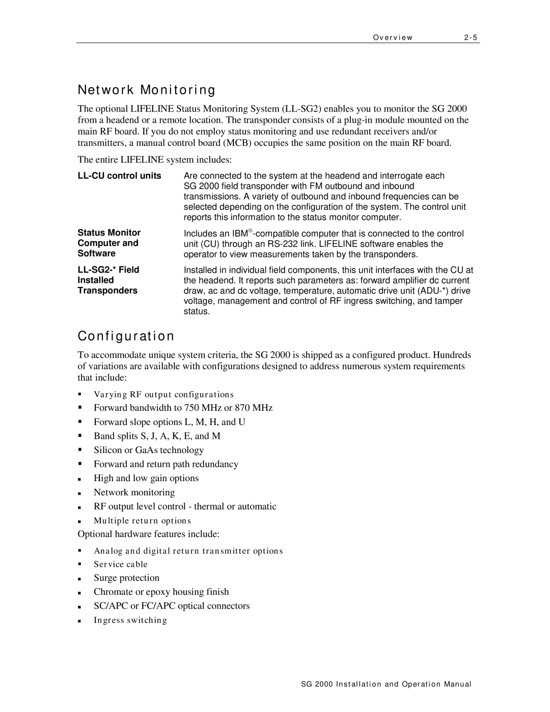 Motorola SG 2000 operation manual Network Monitoring, Configuration 