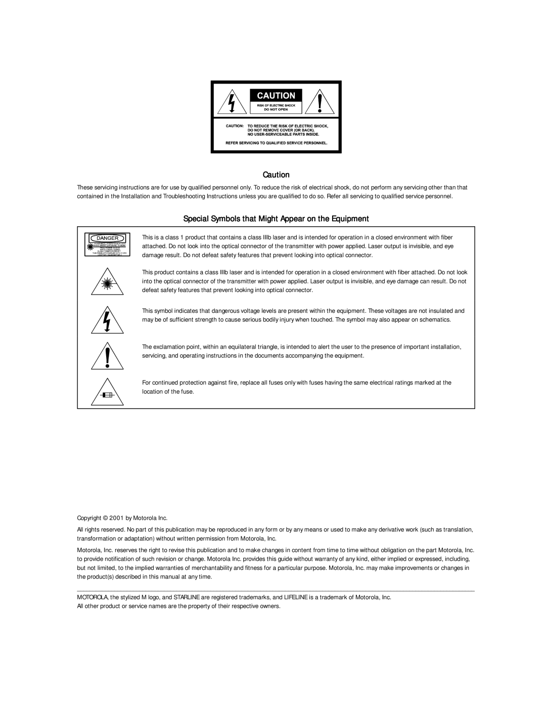 Motorola SG 2000 operation manual Special Symbols that Might Appear on the Equipment 