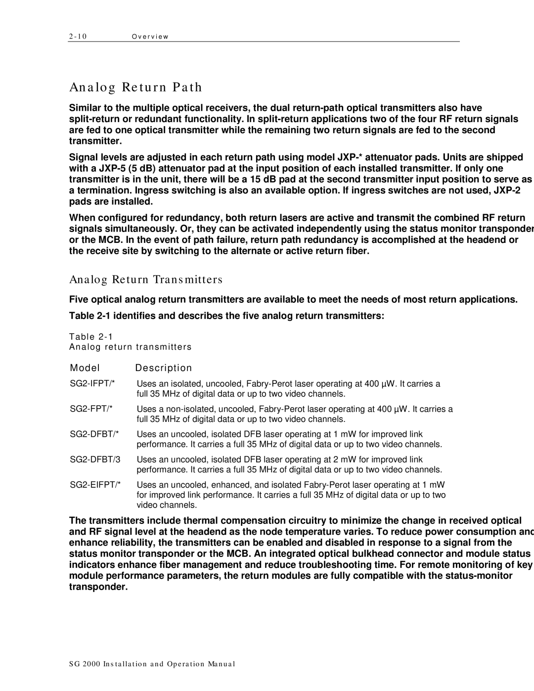 Motorola SG 2000 Analog Return Path, Analog Return Transmitters, Model Description, Analog return transmitters 