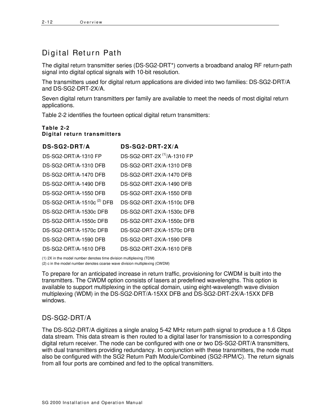 Motorola SG 2000 operation manual Digital Return Path, Digital return transmitters 