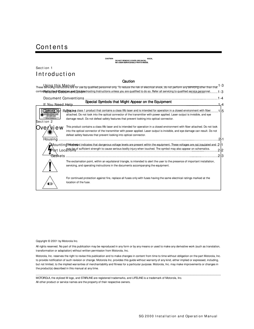 Motorola SG 2000 operation manual Contents 