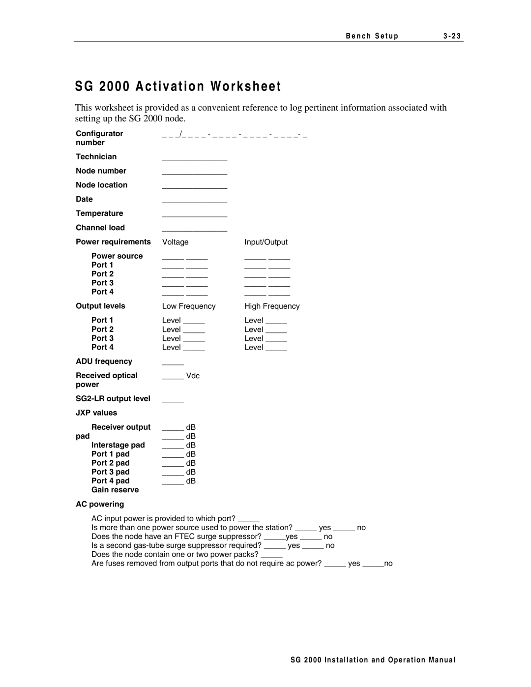 Motorola SG 2000 operation manual 2 0 0 0 a c t i v a t i o n W o r k s h e e t 