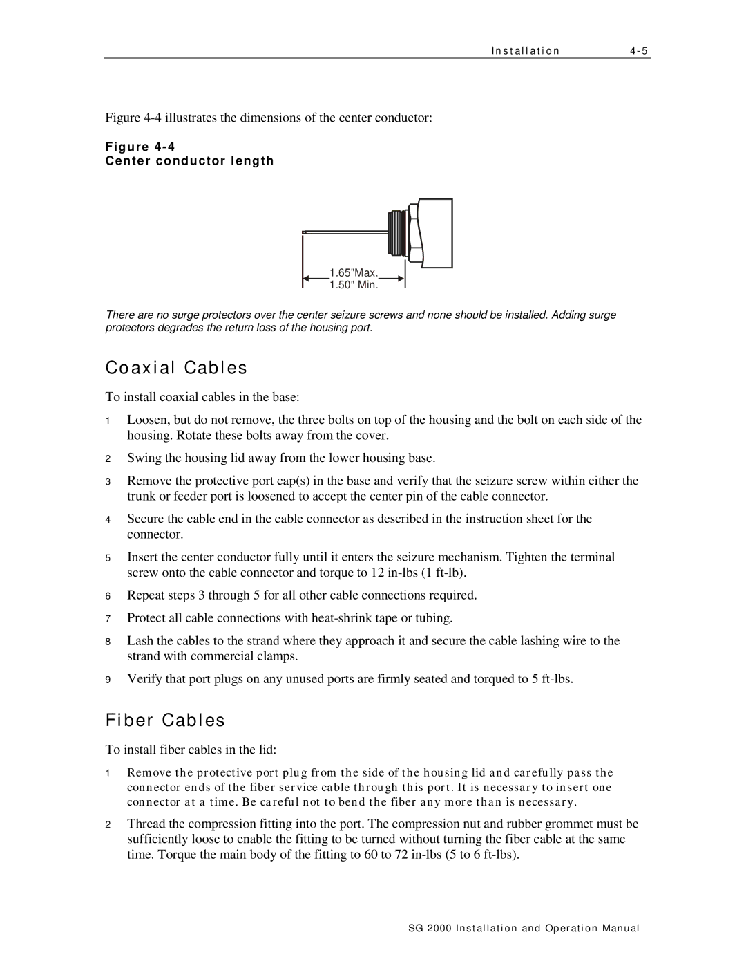 Motorola SG 2000 operation manual Coaxial Cables, Fiber Cables, Center conductor length 