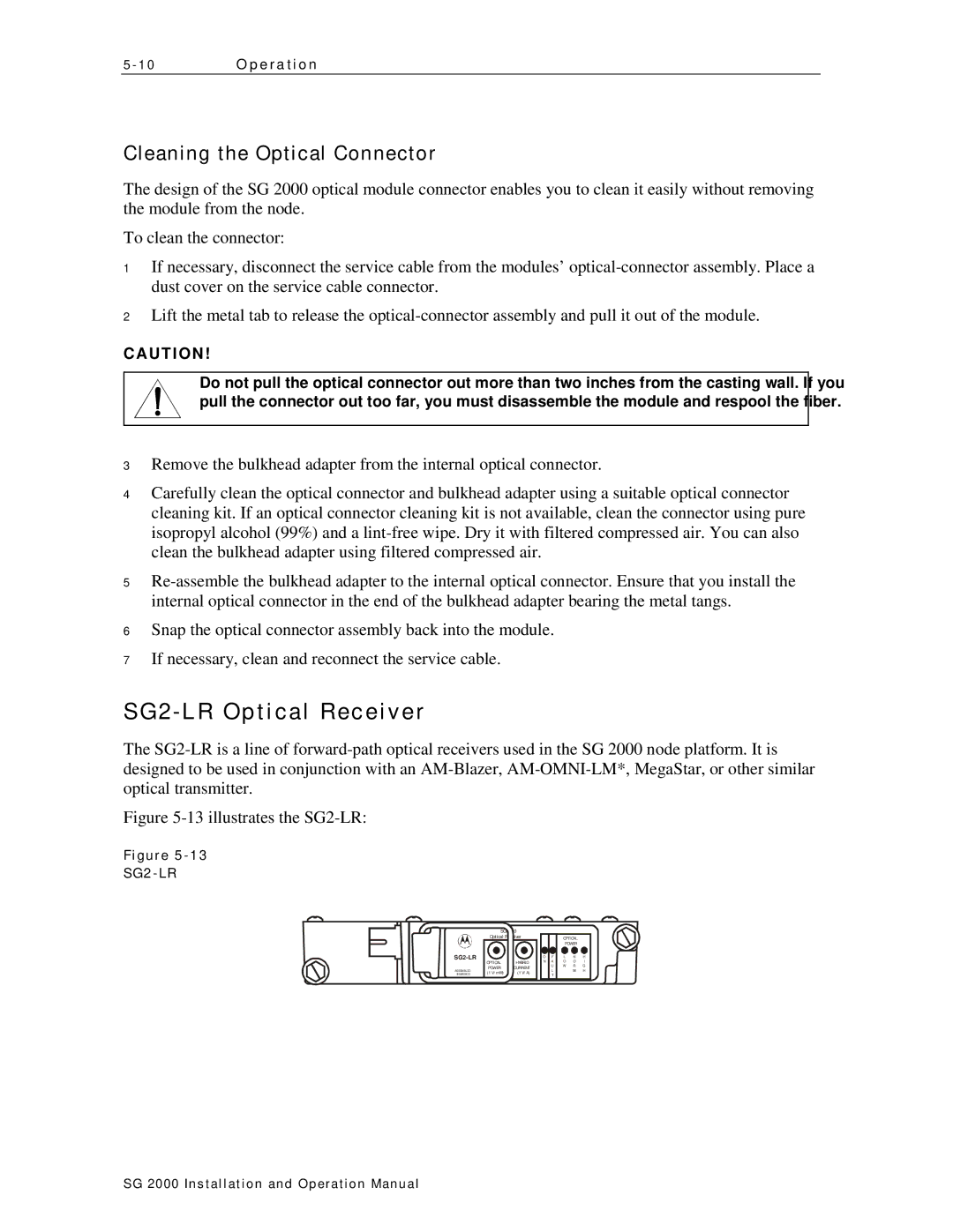 Motorola SG 2000 operation manual SG2 LR Optical Receiver, Cleaning the Optical Connector 