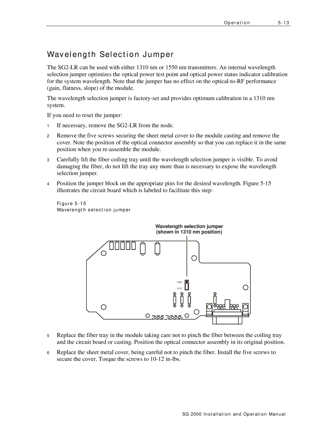 Motorola SG 2000 operation manual Wavelength Selection Jumper, Wavelength selection jumper 