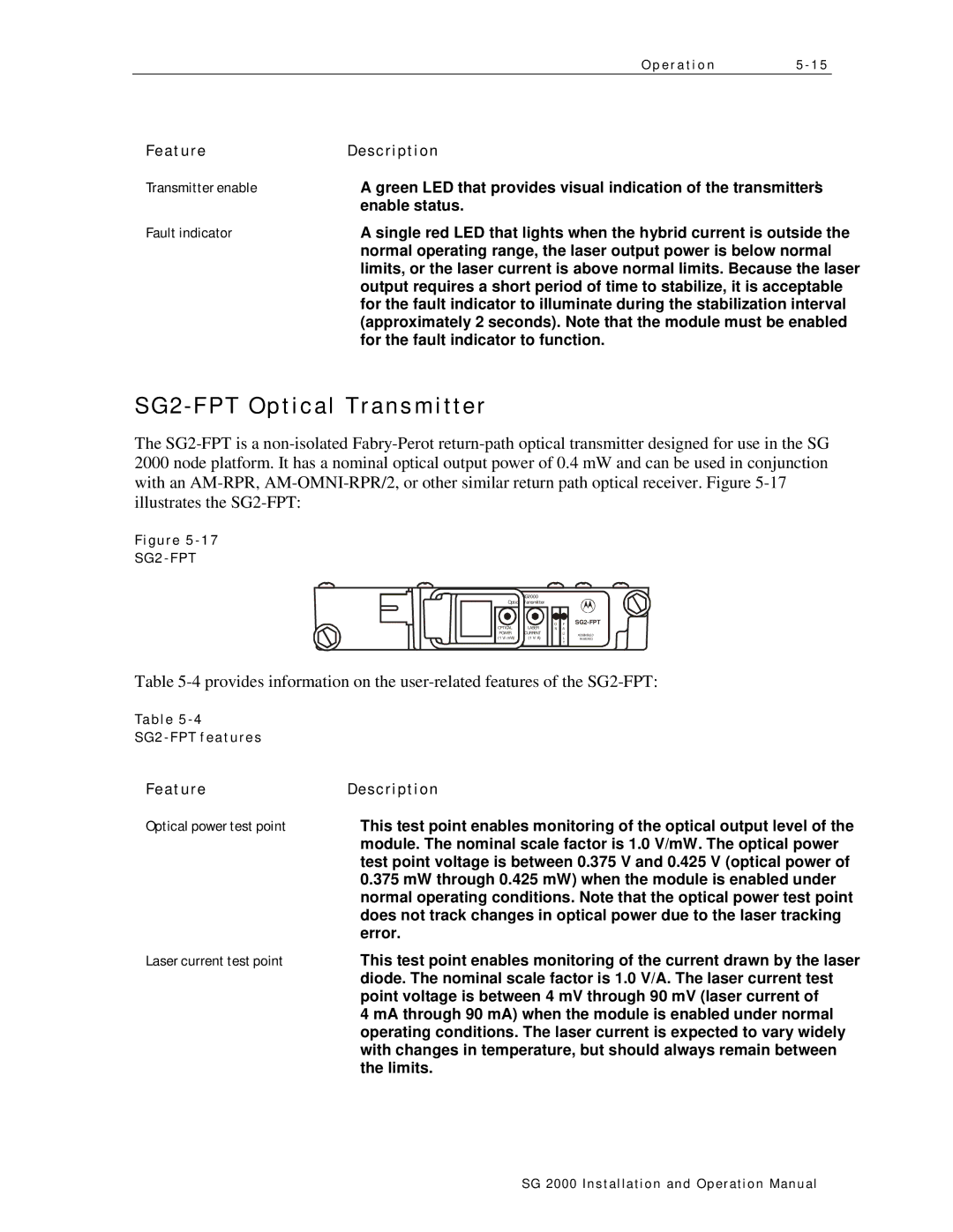 Motorola SG 2000 operation manual SG2 FPT Optical Transmitter, Transmitter enable, SG2-FPT features 