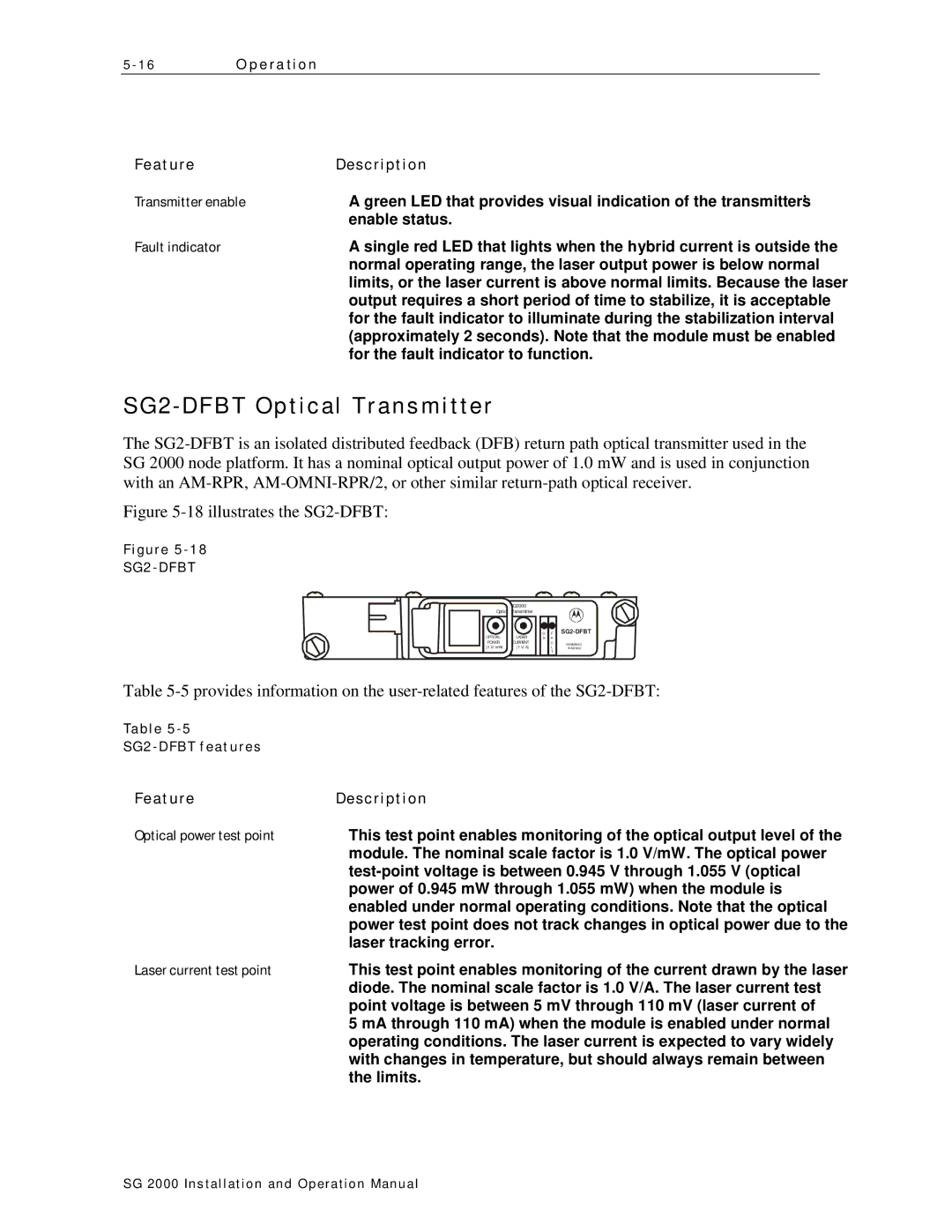 Motorola SG 2000 operation manual SG2 Dfbt Optical Transmitter, SG2-DFBT features 