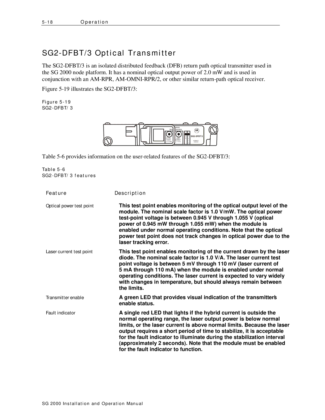 Motorola SG 2000 operation manual SG2 DFBT/3 Optical Transmitter, SG2-DFBT/3 features 