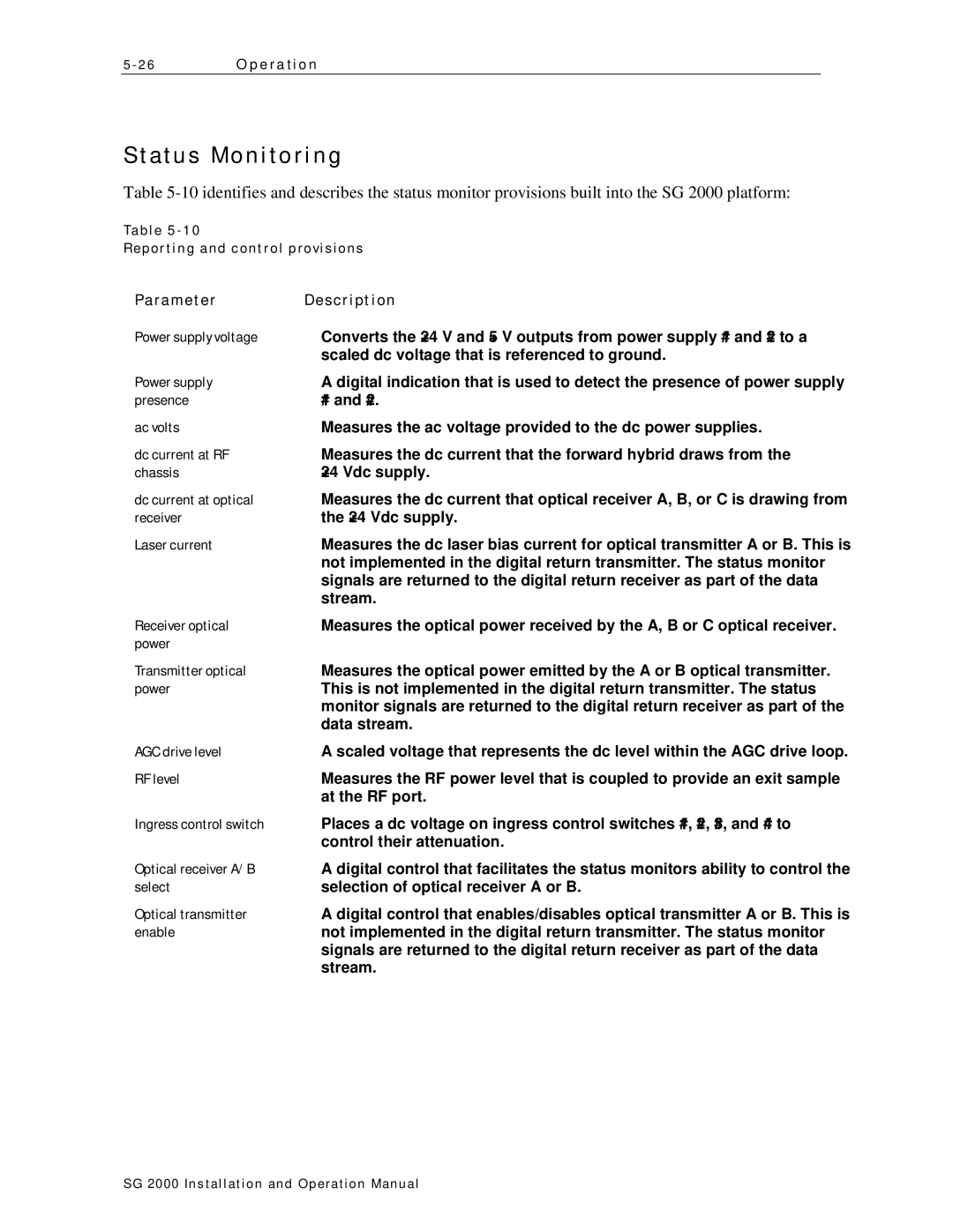 Motorola SG 2000 operation manual Status Monitoring, Parameter Description 