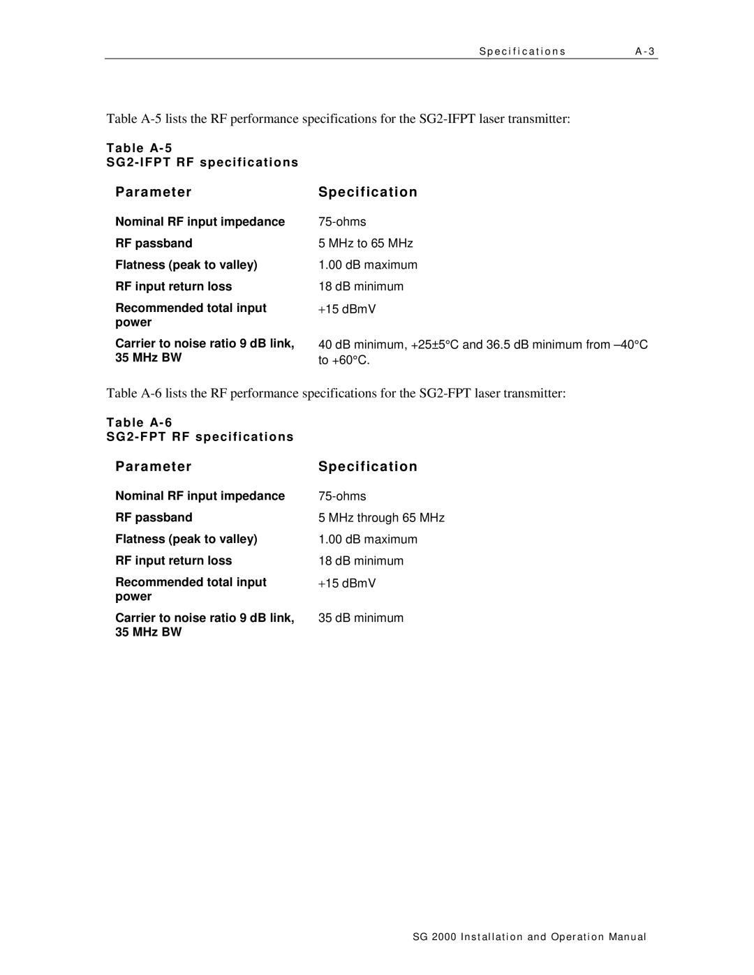 Motorola SG 2000 operation manual Parameter, Table A-5 SG2-IFPT RF specifications, Table A-6 SG2-FPT RF specifications 