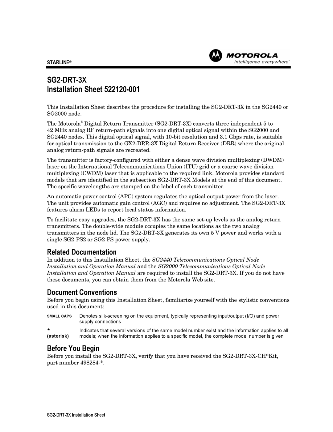 Motorola SG2-DRT-3X operation manual Related Documentation Document Conventions, Before You Begin, Asterisk 