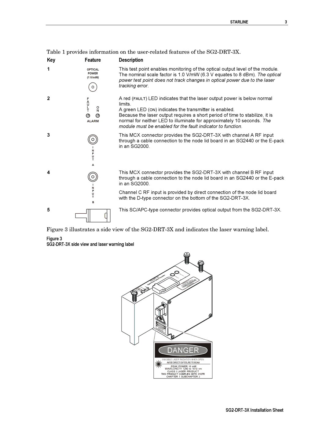 Motorola operation manual KeyFeature, Description, SG2-DRT-3X side view and laser warning label 