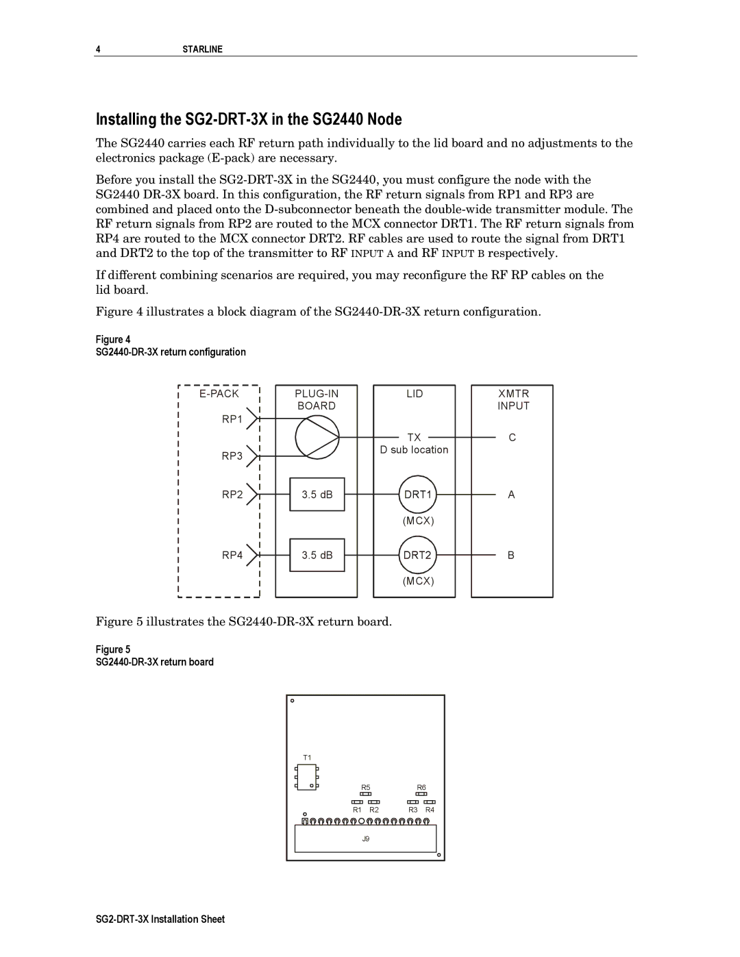 Motorola Installing the SG2-DRT-3X in the SG2440 Node, SG2440-DR-3X return configuration, SG2440-DR-3X return board 