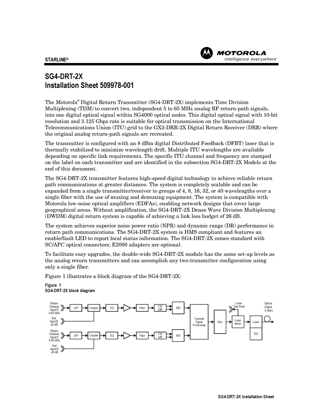 Motorola manual SG4-DRT-2X block diagram, SG4-DRT-2X Installation Sheet 