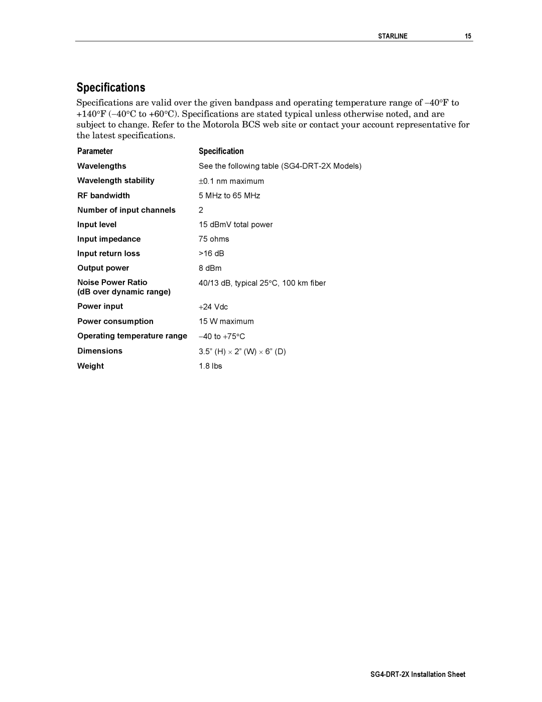 Motorola SG4-DRT-2X manual Specifications 