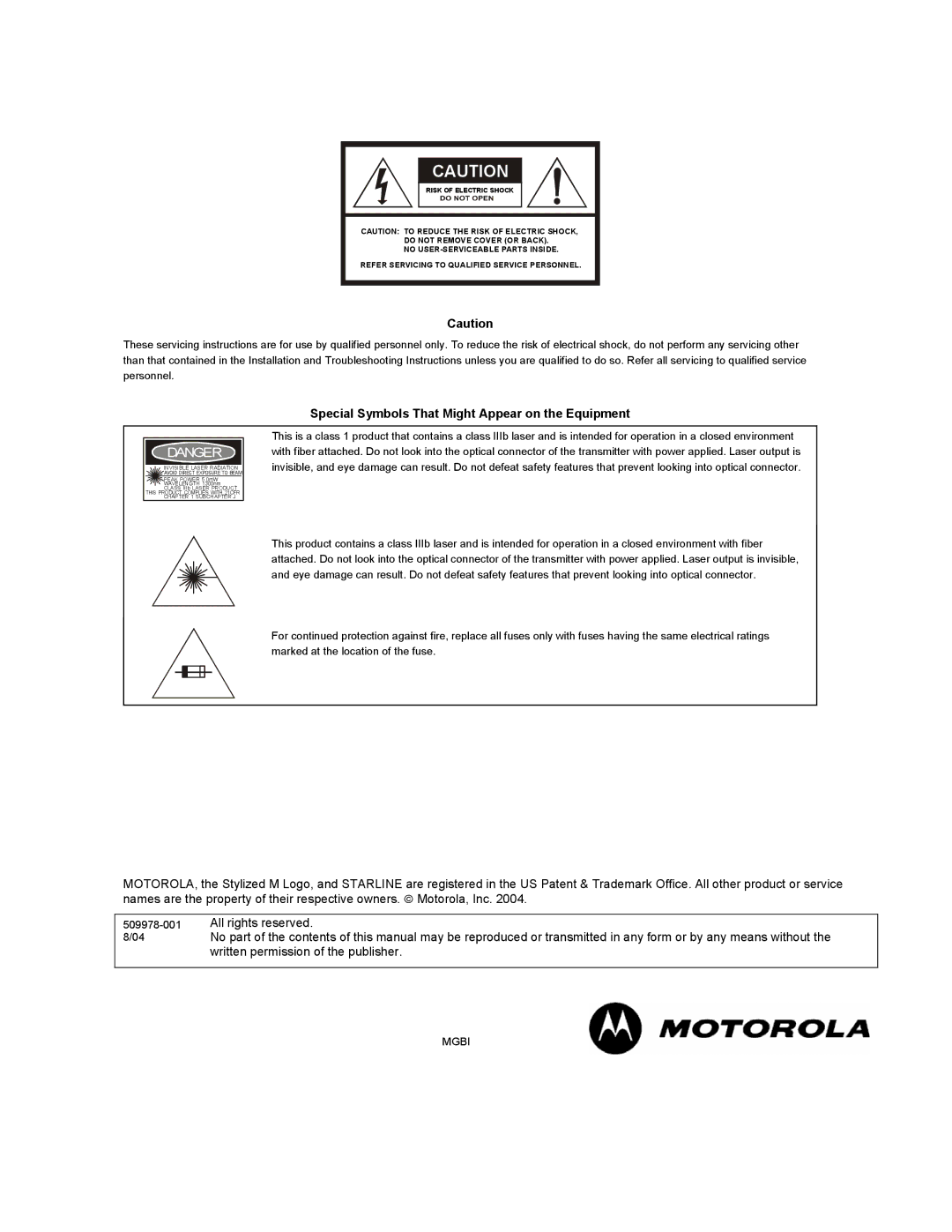 Motorola SG4-DRT-2X manual Special Symbols That Might Appear on the Equipment 