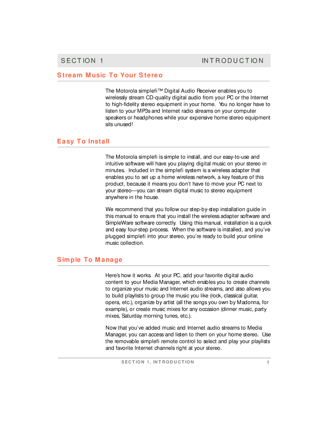 Motorola simplefi manual Section Introduction, Stream Music To Your Stereo, Easy To Install, Simple To Manage 