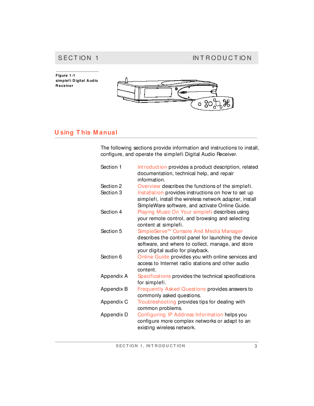 Motorola Using This Manual, Playing Music On Your simplefi describes using, SimpleServe TM Console And Media Manager 