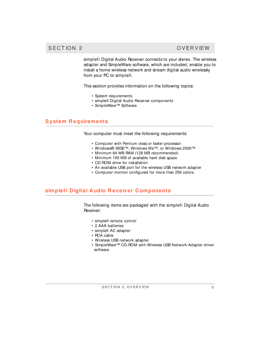 Motorola simplefi manual Section Overview, System Requirements, Simplefi Digital Audio Receiver Components 