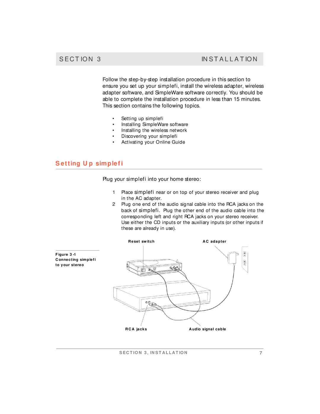 Motorola manual Section Installation, Setting Up simplefi, Plug your simplefi into your home stereo 