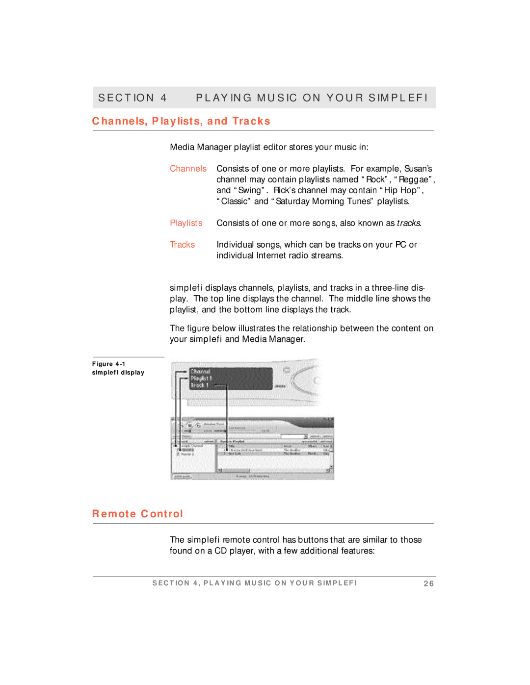 Motorola simplefi manual Channels, Playlists, and Tracks, Remote Control 