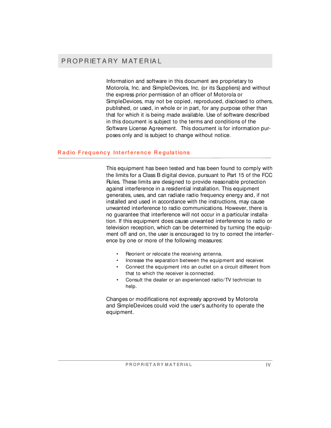 Motorola simplefi manual Proprietary Material, Radio Frequency Interference Regulations 