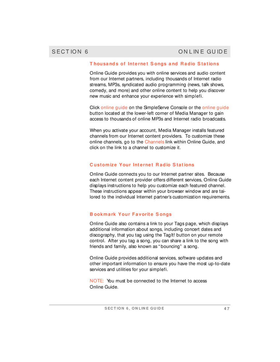 Motorola simplefi manual Section Online Guide, Thousands of Internet Songs and Radio Stations, Bookmark Your Favorite Songs 