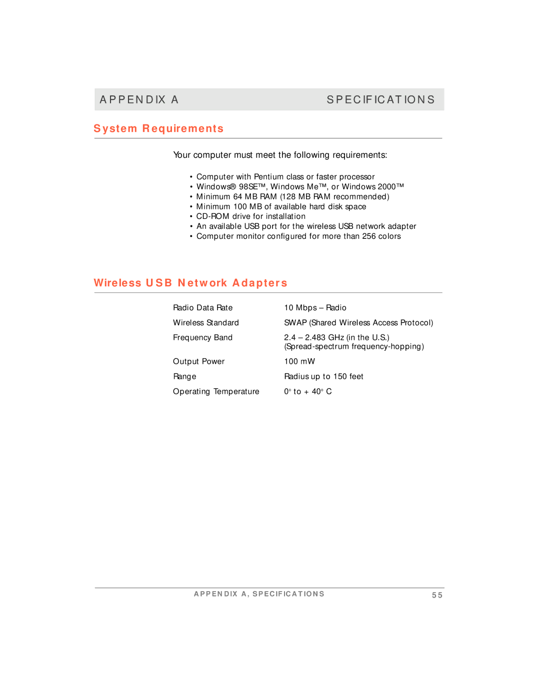 Motorola simplefi manual Appendix a Specifications, Wireless USB Network Adapters 