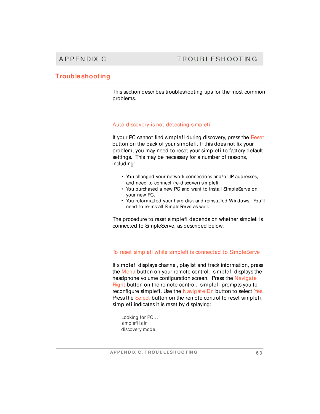 Motorola manual Appendix C Troubleshooting, Auto-discovery is not detecting simplefi 