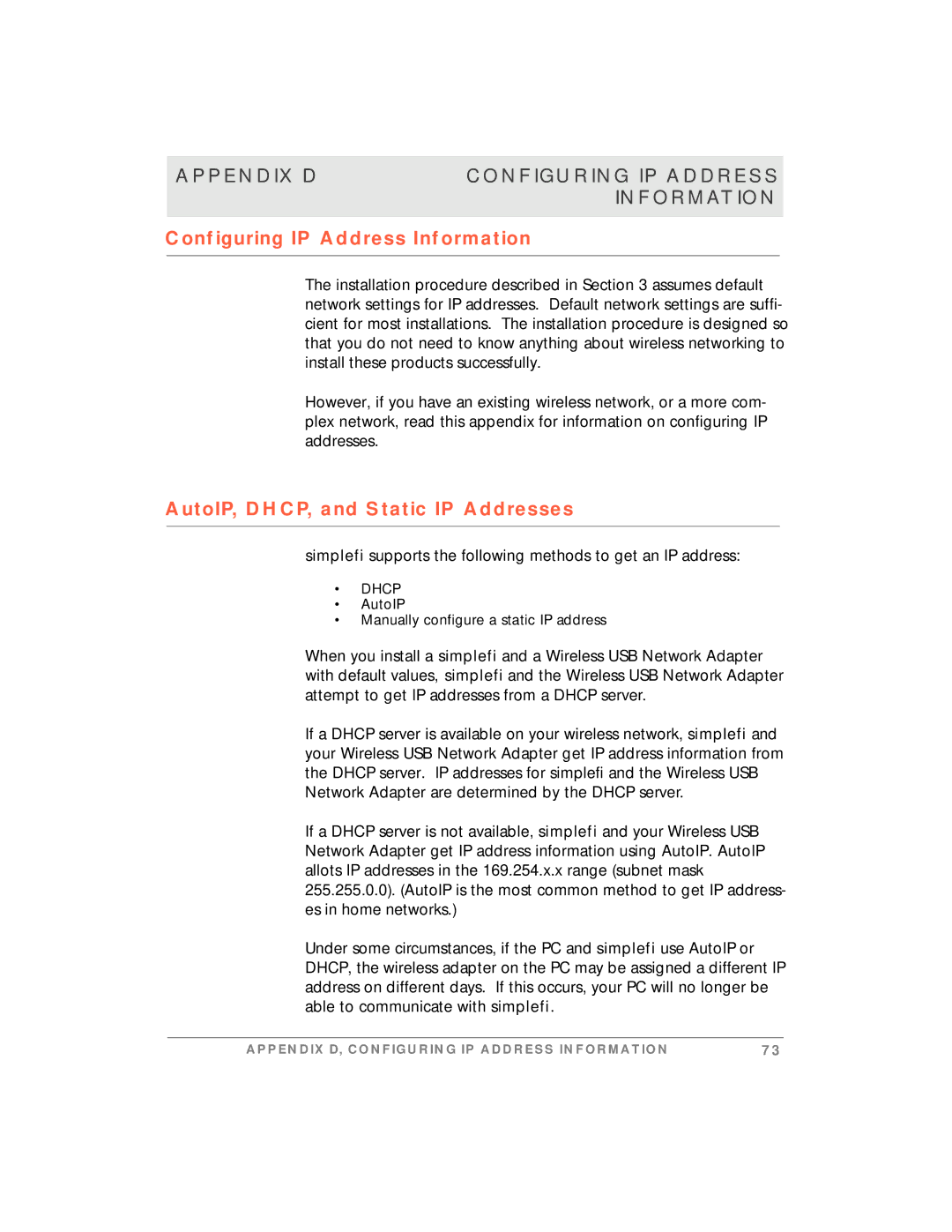 Motorola simplefi manual Appendix D Configuring IP Address Information, AutoIP, DHCP, and Static IP Addresses 