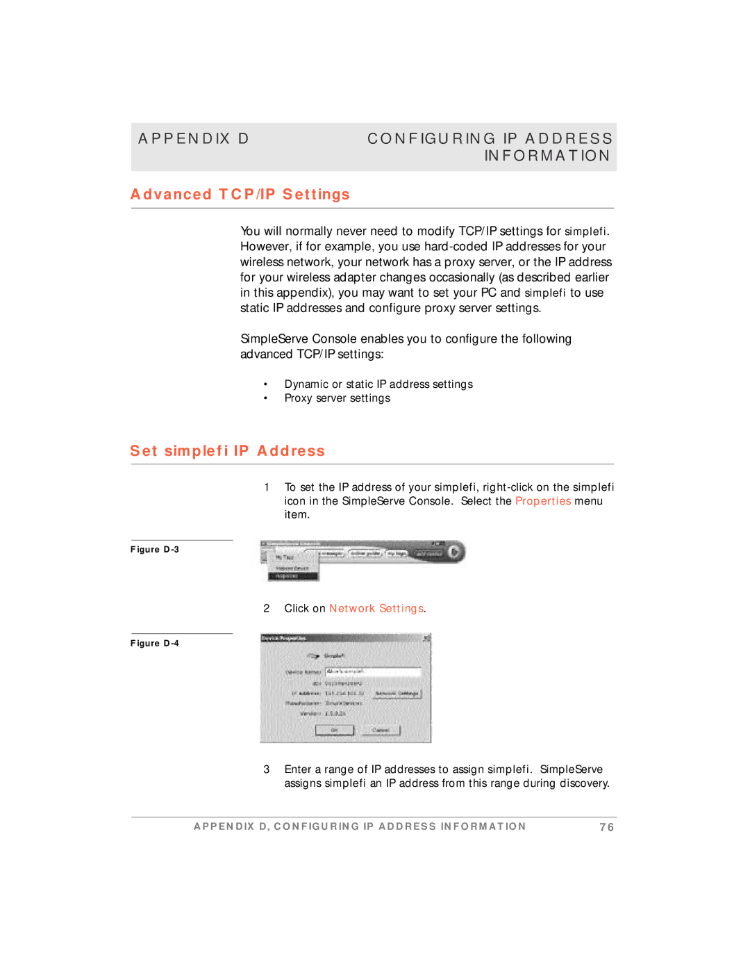 Motorola manual Advanced TCP/IP Settings, Set simplefi IP Address 