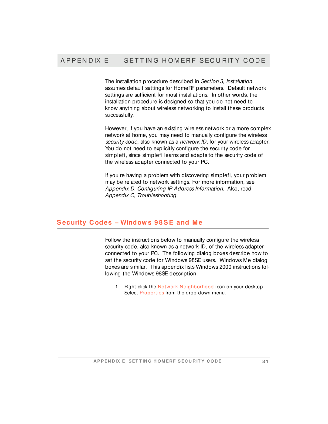 Motorola simplefi manual Appendix E Setting Homerf Security Code, Security Codes Windows 98SE and Me 