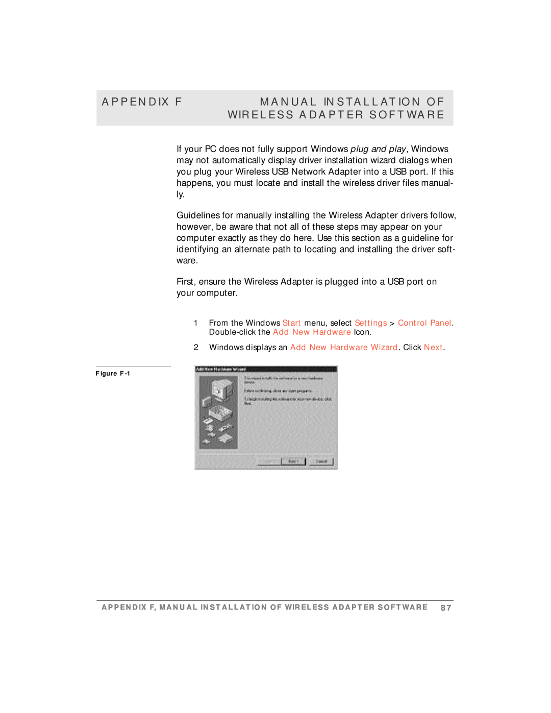 Motorola simplefi manual Appendix F, Manual Installation Of, Wireless Adapter Software, Figure F-1 