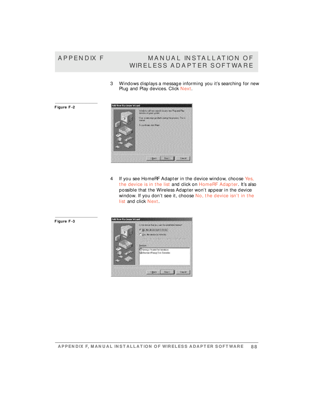 Motorola simplefi manual Appendix F, Manual Installation Of, Wireless Adapter Software, Figure F-2, Figure F-3 