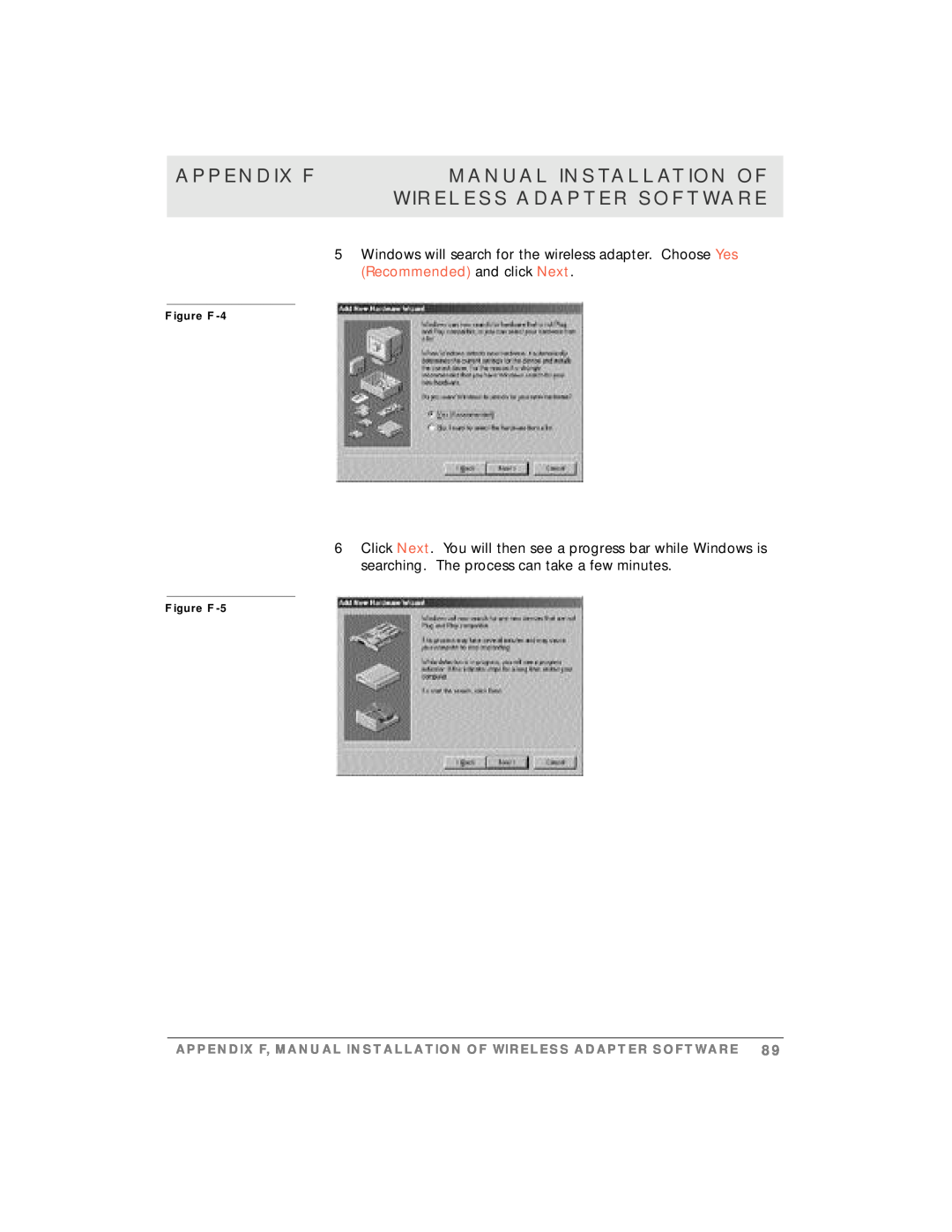Motorola simplefi manual Appendix F, Manual Installation Of, Wireless Adapter Software, Figure F-4, Figure F-5 