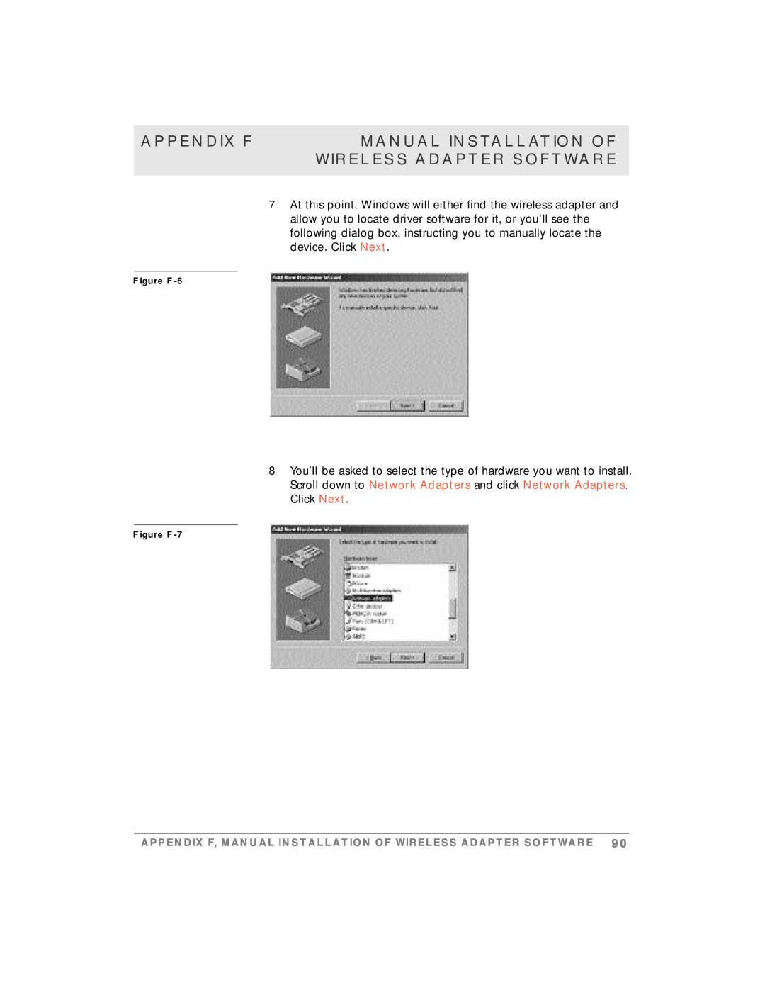 Motorola simplefi manual Appendix F, Manual Installation Of, Wireless Adapter Software, Figure F-6, Figure F-7 