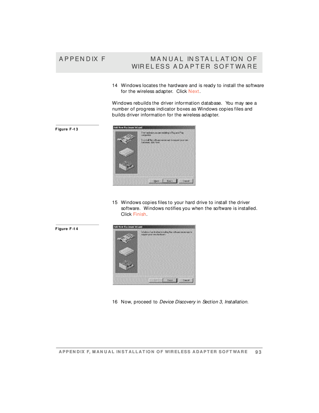 Motorola simplefi manual Appendix F, Manual Installation Of, Wireless Adapter Software, Figure F-13, Figure F-14 