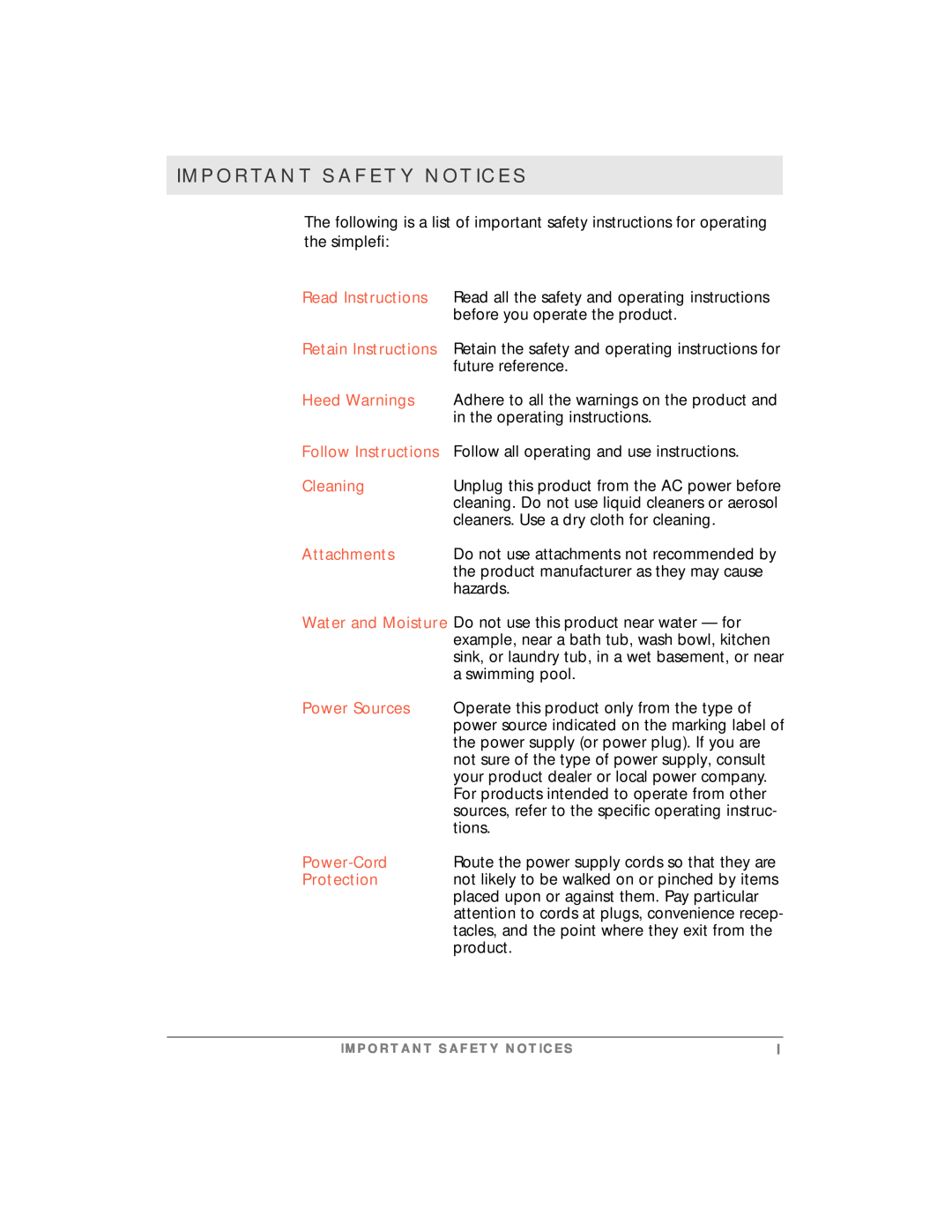 Motorola simplefi manual Important Safety Notices, Read Instructions Retain Instructions, Power-CordProtection 