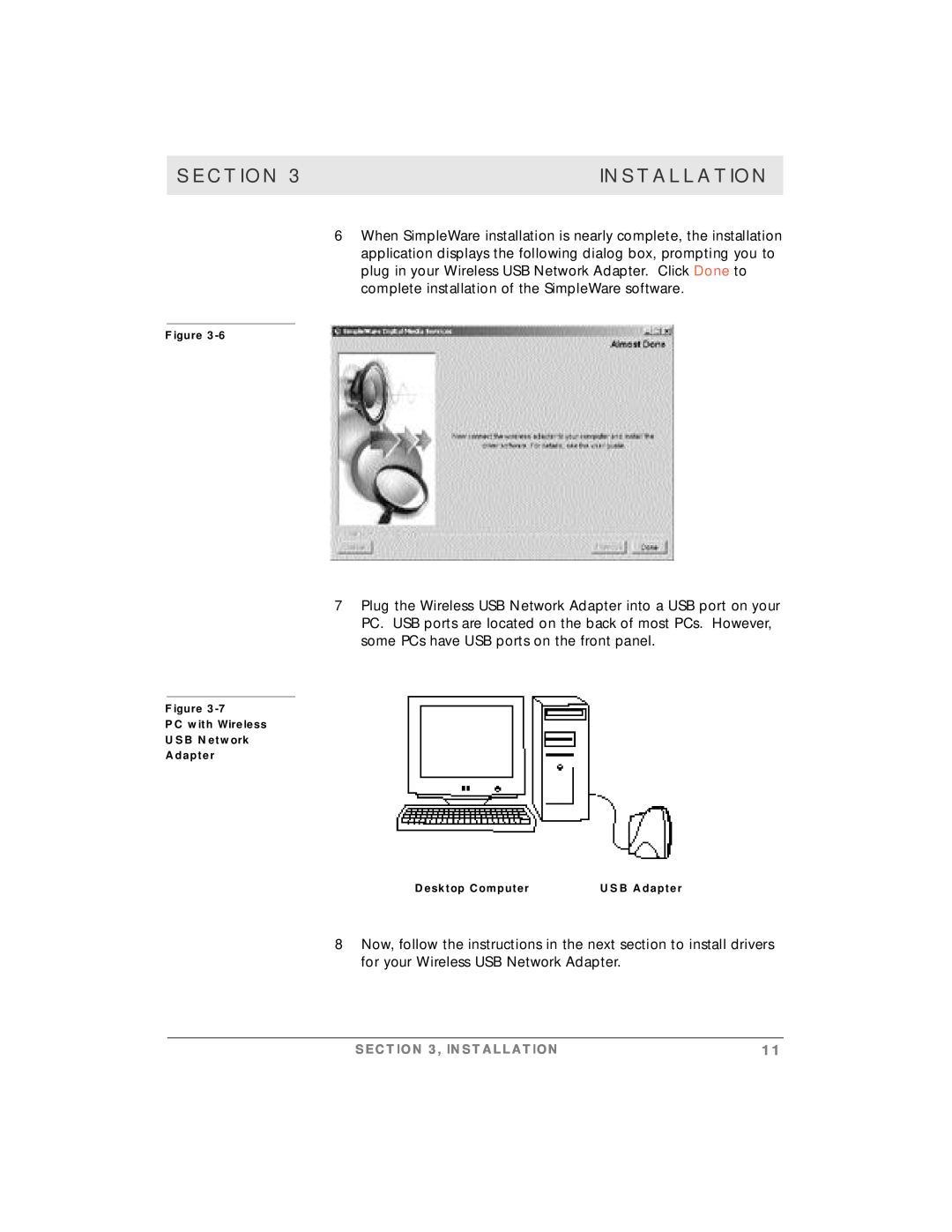 Motorola simplefi manual Section, Installation, Figure PC with Wireless USB Network Adapter, Desktop Computer, USB Adapter 